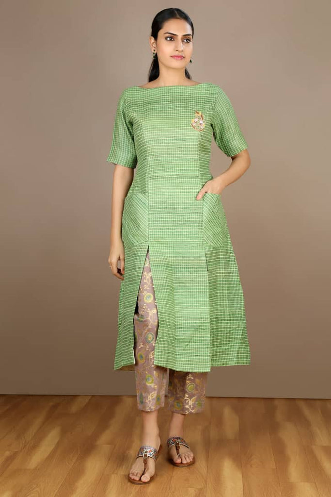 Green Tussar Silk Boat Neck Slit Kurta with Banarasi Pant- Formal wear