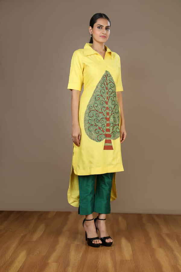 Madhubani Painted Yellow Shirt Kurta with Green Pant- Formal Festive 