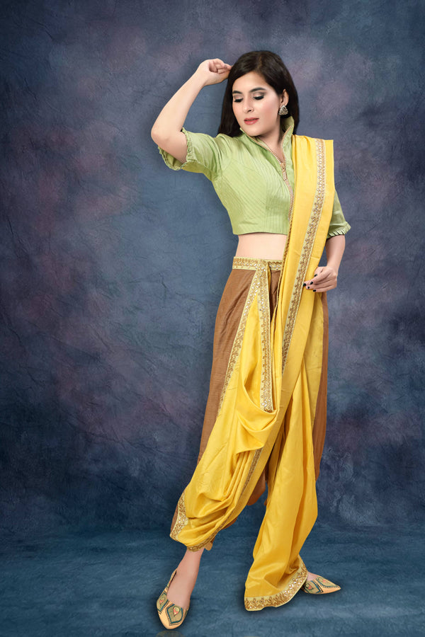 Yellow Brown Drape Saree- Ready to wear- Fusion Party Wear 