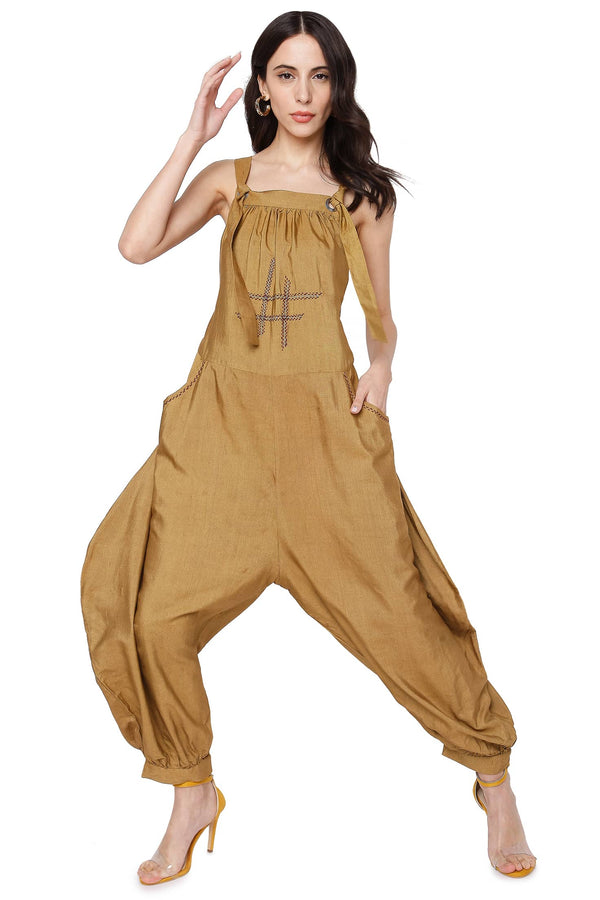 Golden Dungaree Dress in Tussar- Hand Crafted Comfy Fit & Uber Chic 