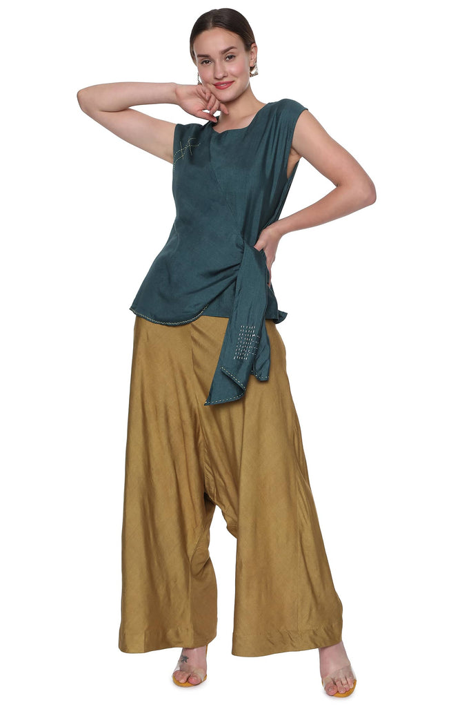Forest Green Top & Khaki Pant Co-ord -Handloom Tussar