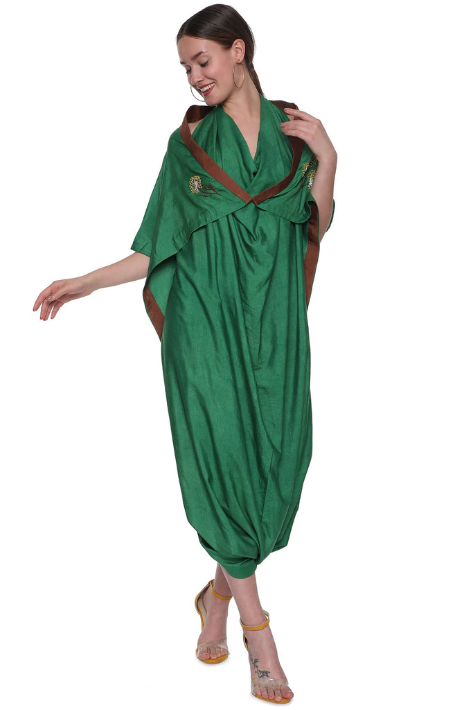 Bottle Green Tussar Stylish Drape Dress