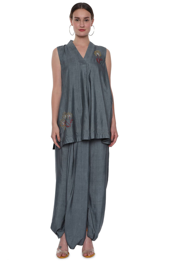 Steel Grey Handloom Tussar Dhoti Pant with Flared Short Tunic Co-ord