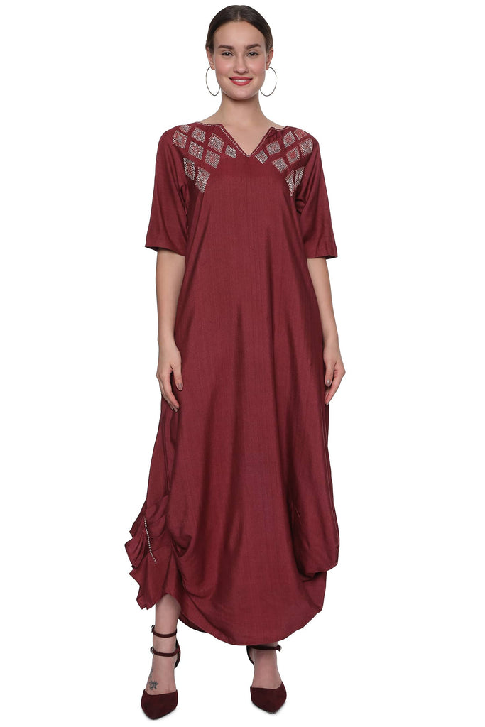 Plum Cowl Tunic Dress - Sujani Crafted-Handloom Tussar- Resort Wear 