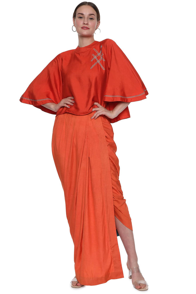 Orange Handloom Tussar Crop Top & Drape Skirt Co-ord 