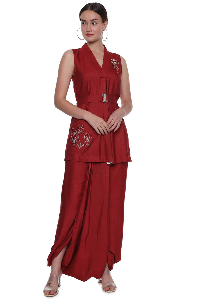 Maroon Tunic & Dhoti Pant in Tussar for Evening Wear