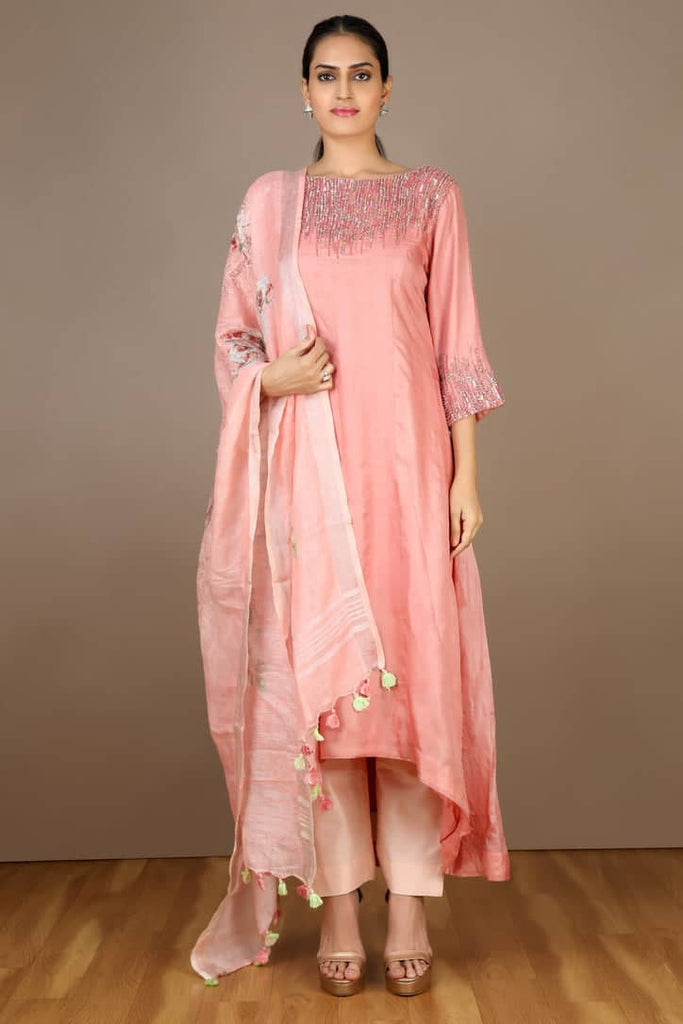 Pastel Pink Tussar Silk Asymmetric Kurta for Wedding Ethnic Festive