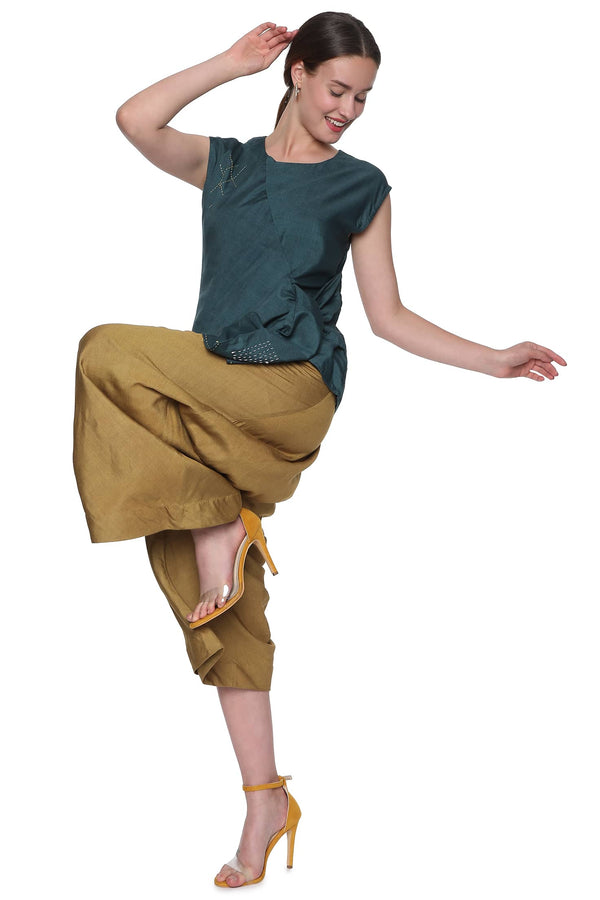 Forest Green Top & Khaki Pant Co-ord -Handloom Tussar