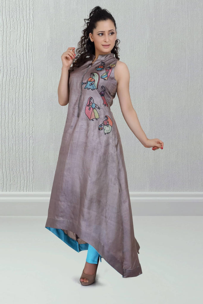 Ash Colour Tussar Silk Asymmetric Kurta Turquoise Pant- Festive Ethnic