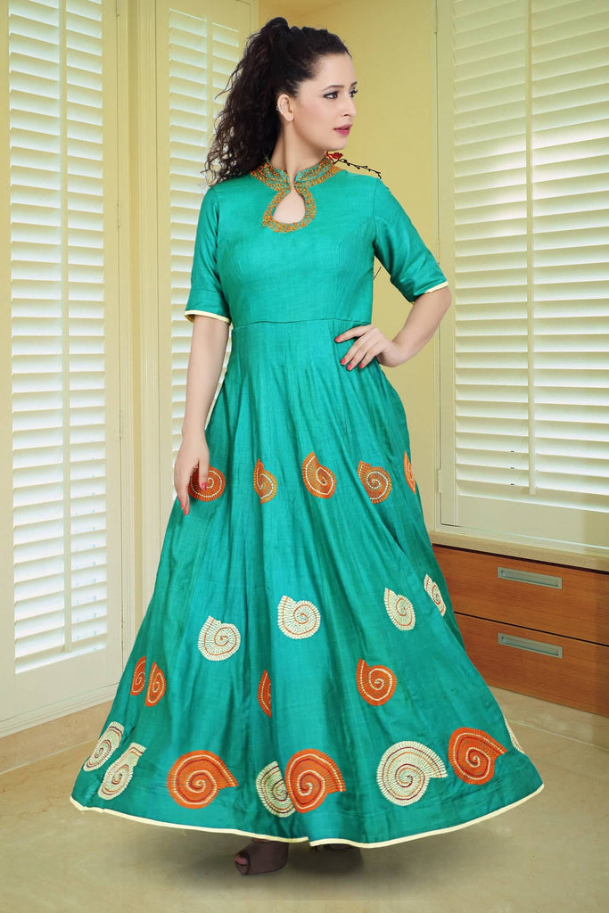 Emerald Green Hand Embroidered Eri Silk Party Gown 