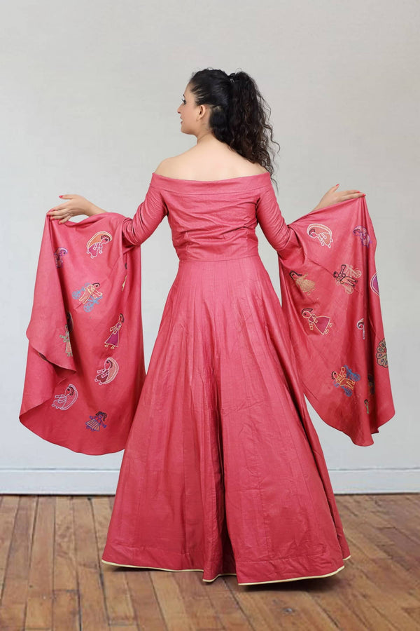 Garnet Maroon Silk Gown-Off-shoulder Flared-For Party & Festive Events