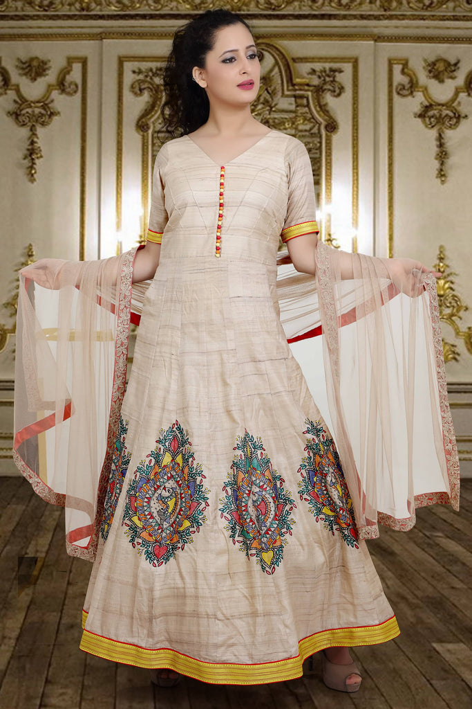 Madhubani Painted Tussar Silk Party Gown with Embellished Dupatta 
