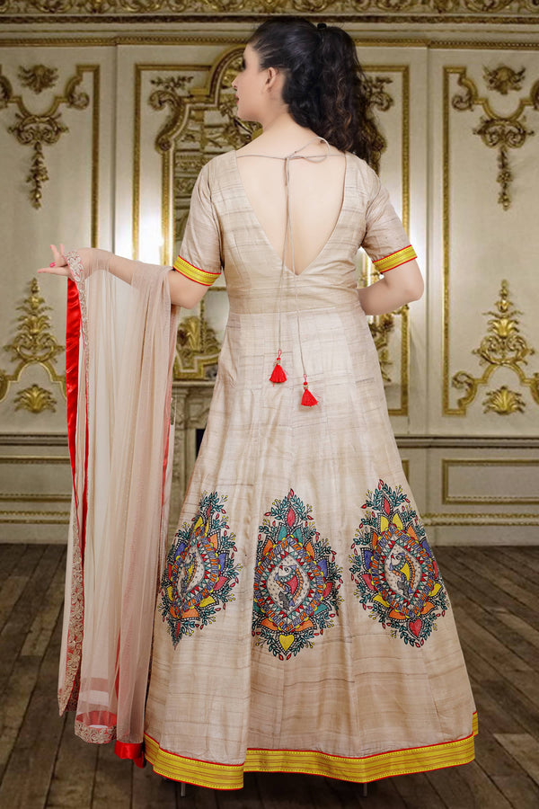 Madhubani Painted Tussar Silk Party Gown with Embellished Dupatta 