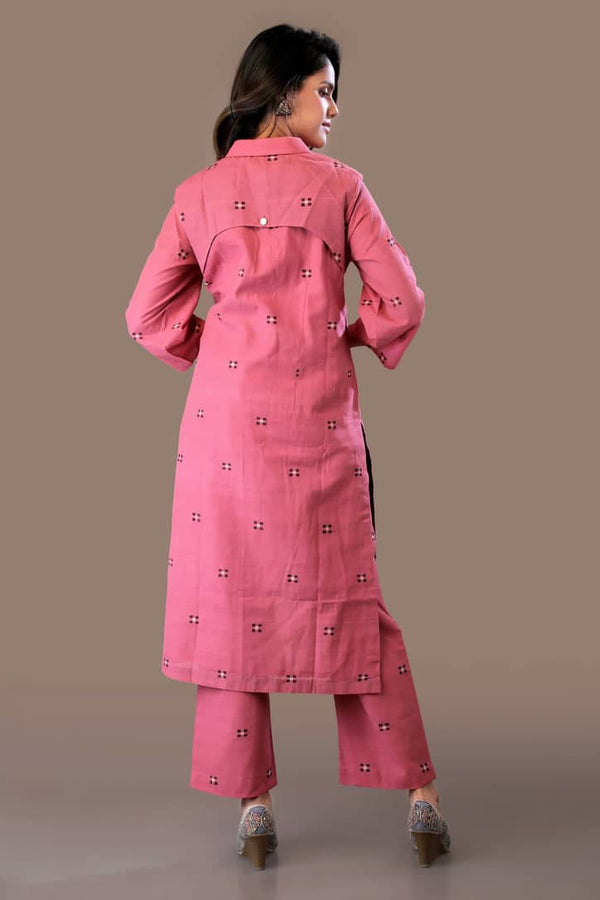 Pink Hand Woven Sustainable Women Shirt Kurta Pant- Formal Smart Wear 