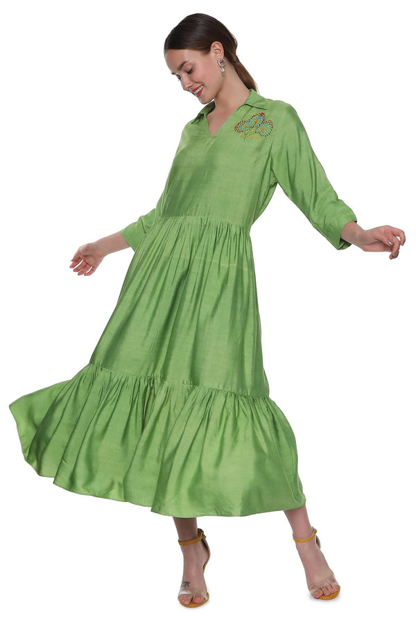 Green Hand Crafted Tier Dress in Handloom Tussar Silk