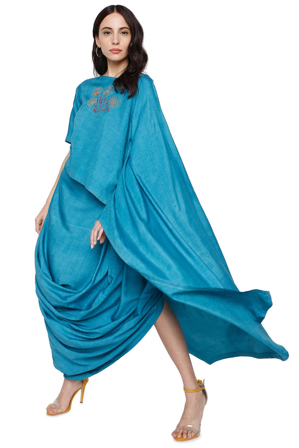 Real Blue Tussar Extended Sleeve Top with Drape Skirt Co-ord