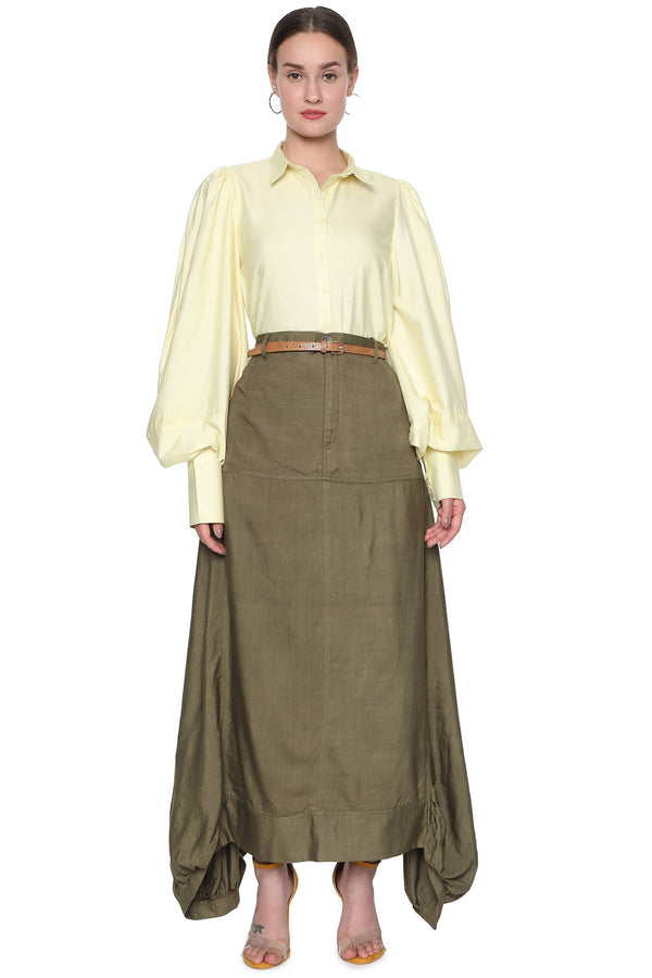 Olive Green Handloom Tussar Skirt- Asymmetrical & Stylish 