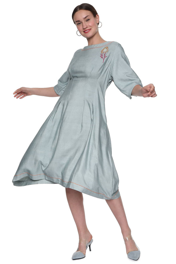 Pastel Grey Handcrafted Pleated Dress in Handloom Tussar 