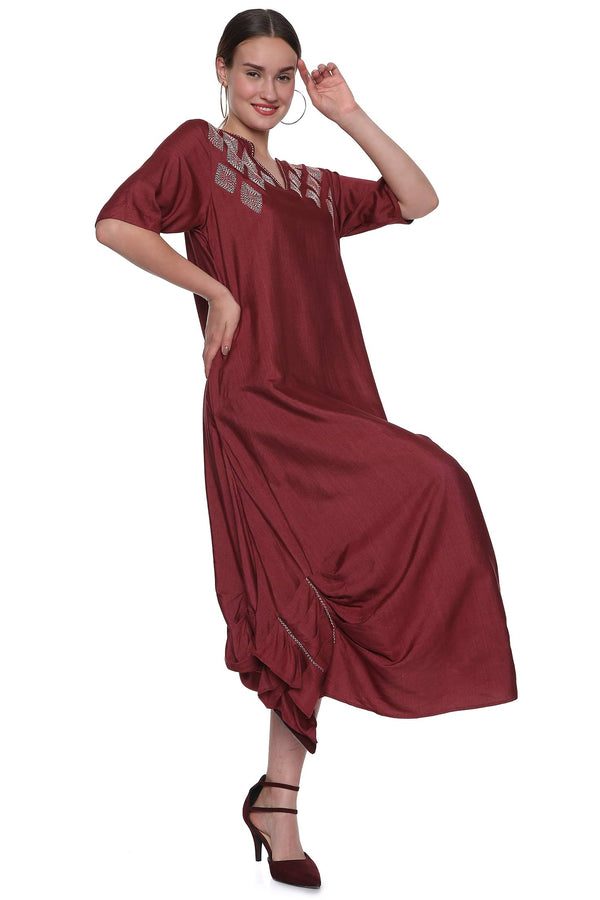 Plum Cowl Tunic Dress - Sujani Crafted-Handloom Tussar- Resort Wear 