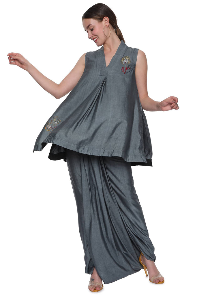 Steel Grey Handloom Tussar Dhoti Pant with Flared Short Tunic Co-ord