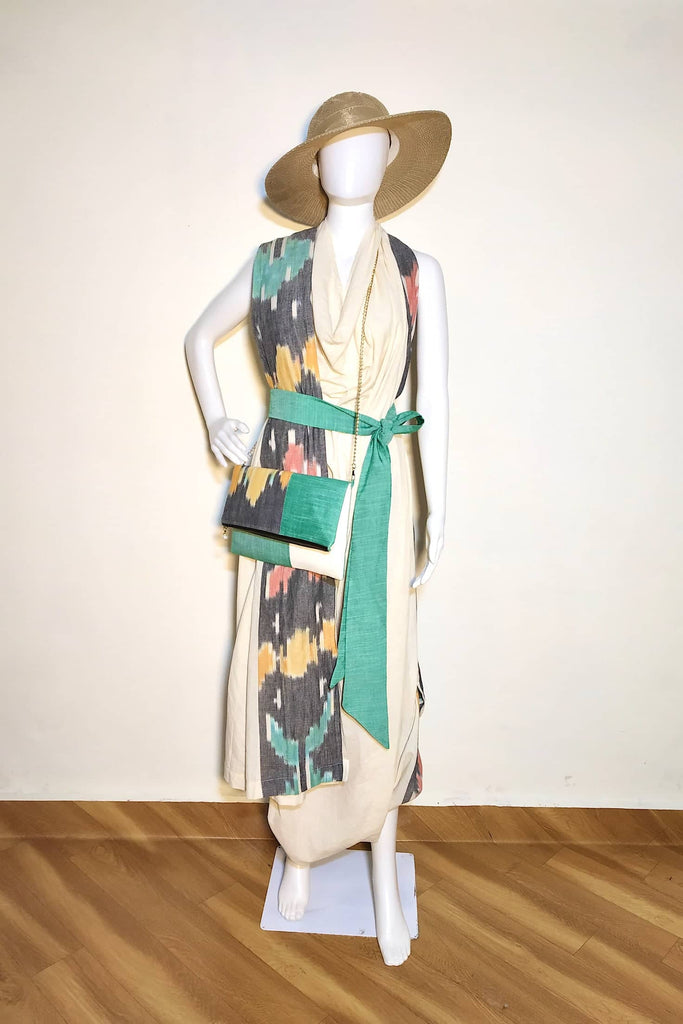 Off-white Hand Woven & Ikat Drape Dress for Brunches & Kitty Parties 