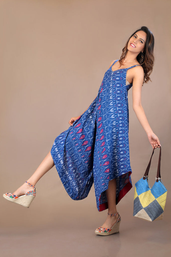  Ikat Handwoven Silk Natural Dye Ink Blue Dress