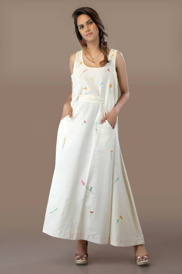 Cream Hand Woven Organic Floral Shift Dress
