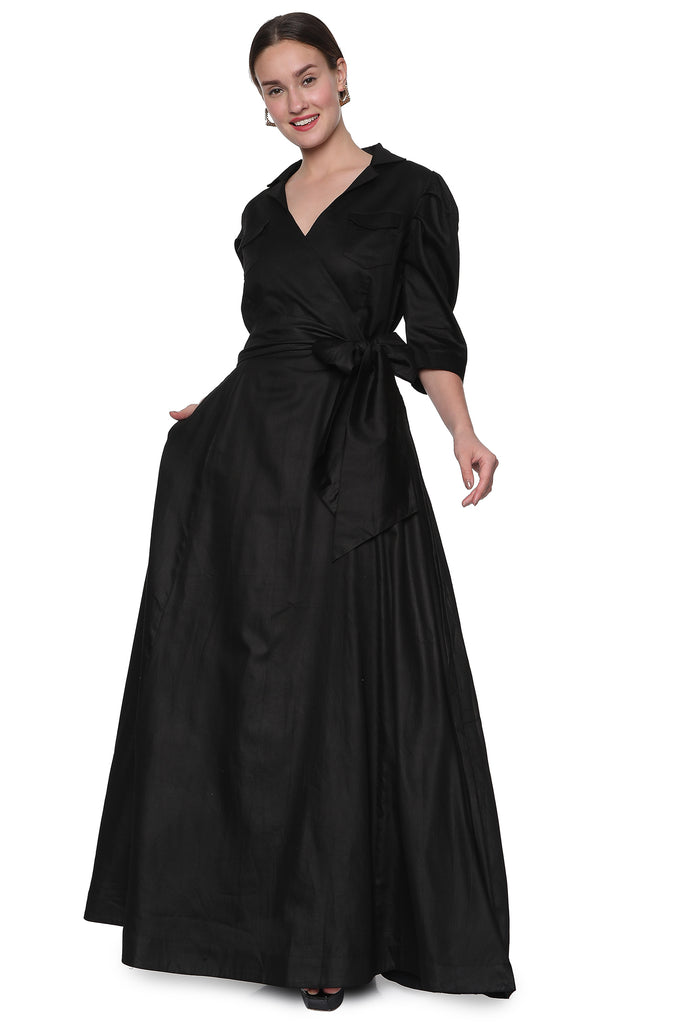 Black Bow Maxi Dress- Notch Collared- Flared- Formal Party Wear  