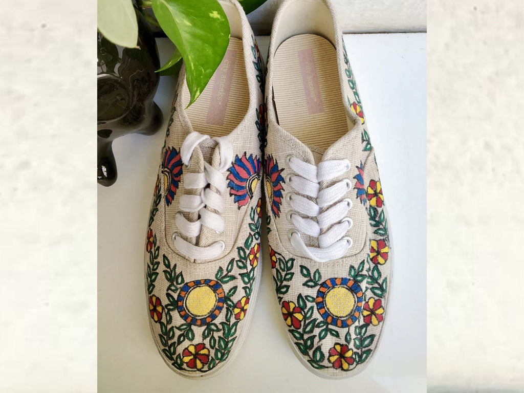 Beige Madhubani Painted Sneaker with Flowers