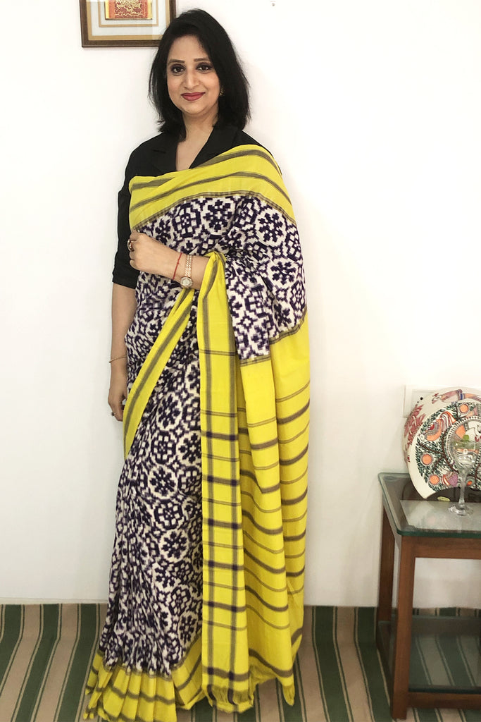 Yellow Grey Double Ikat Natural Dye Handwoven Pochampally Saree 
