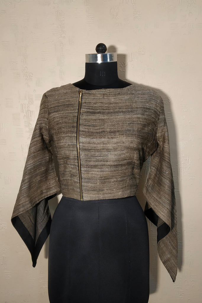 Crop Top in Dorukha Silk and Asymmetric Flared Sleeves 