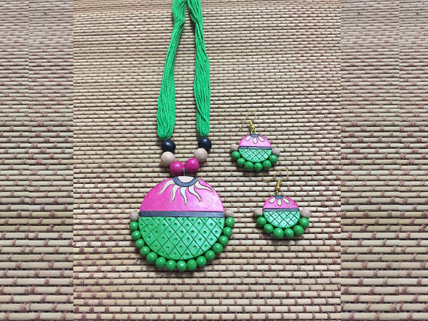 Green Pink Spherical Terracotta Neckpiece with Ear Drops
