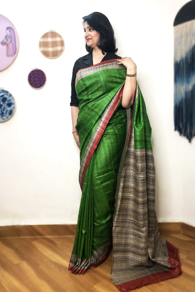 Tussar Silk Green & Rust Madhubani Painted Saree