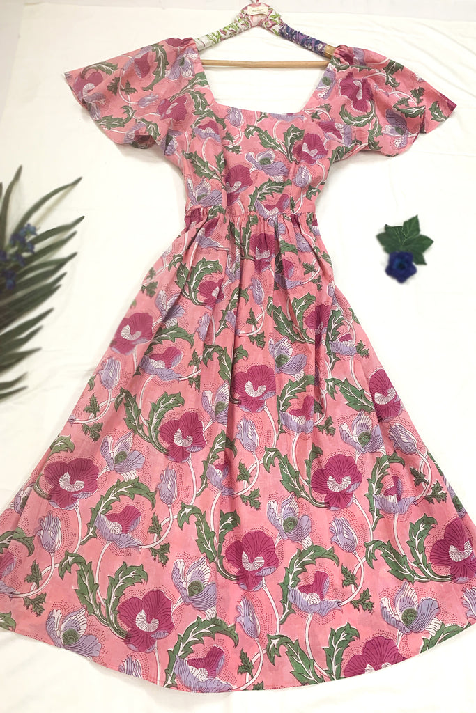 Pink Summer Floral Hand Block Printed Dress- Stylish Cut-out & Bow Tie