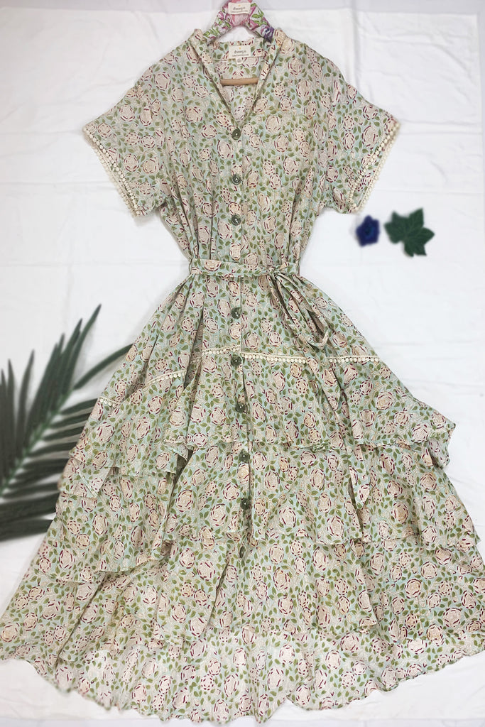 Beige Summer Long Dress- Floral Hand Block Printed- Day & Office Wear