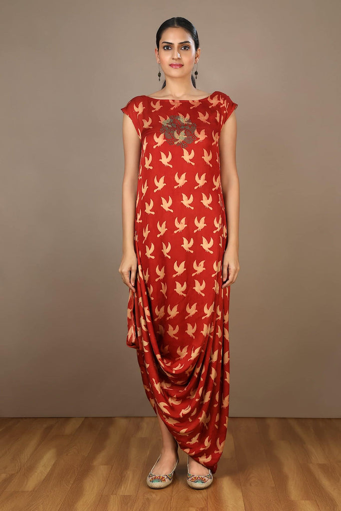 Red Ajrakh Hand Block Print Natural Dye Modal Fusion Drape Dress