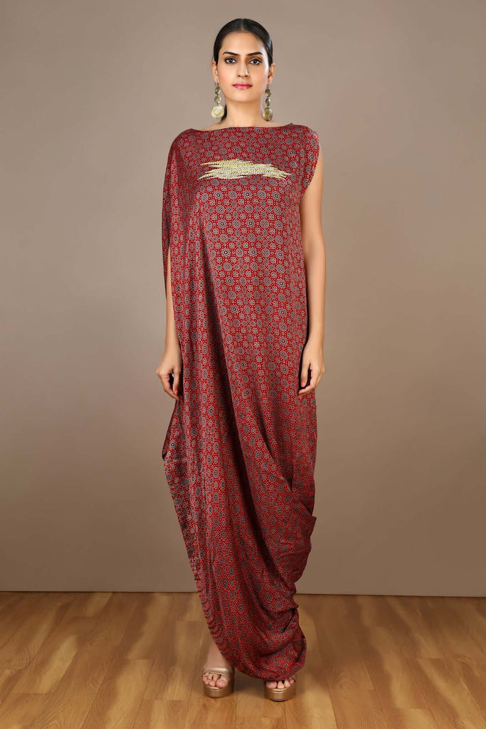 Maroon Ajrakh Hand Block Print Natural Dye Modal Drape Dress