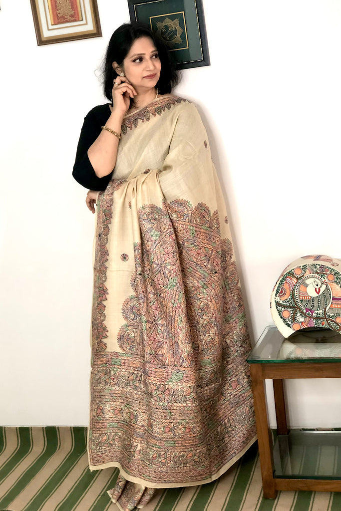 'LINISHA' Ivory Madhubani Munga Silk Saree