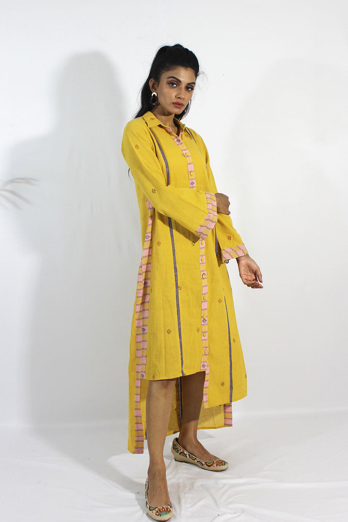 Organic Handwoven Kala Cotton Mustard Yellow Shirt Dress