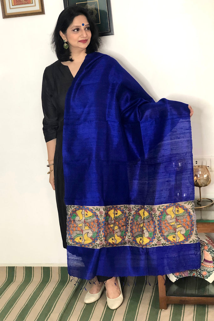 Royal Blue Madhubani Painted Dupatta in Tussar Ghicha Silk 