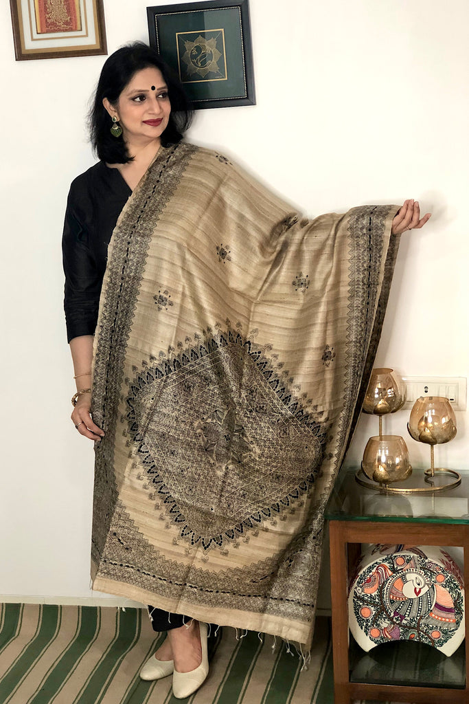 Beige Madhubani Hand Painted Dupatta-Pure Tussar Silk-Formal & Festive