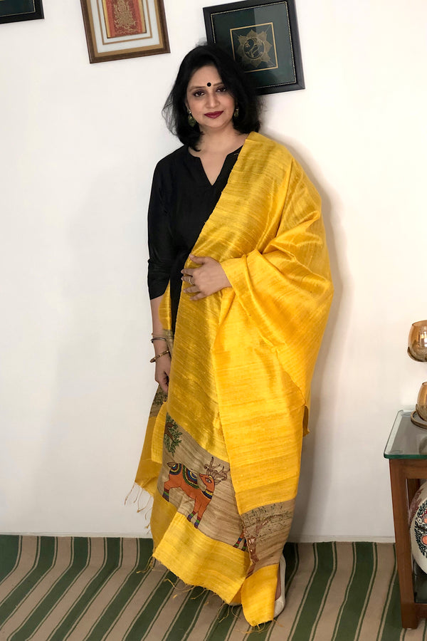 Yellow Madhubani Painted Tussar Ghicha Silk Dupatta- Festive and Formal