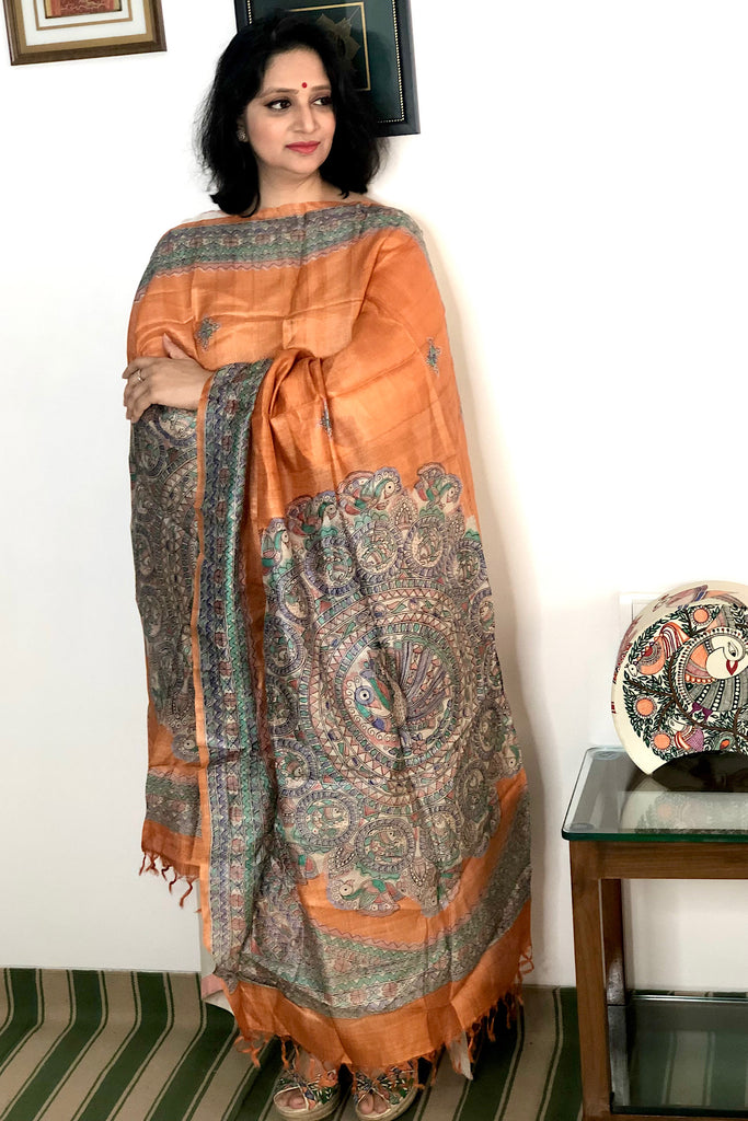 Orange Madhubani Painted Tussar Silk Tassel Dupatta with Peacock Motif