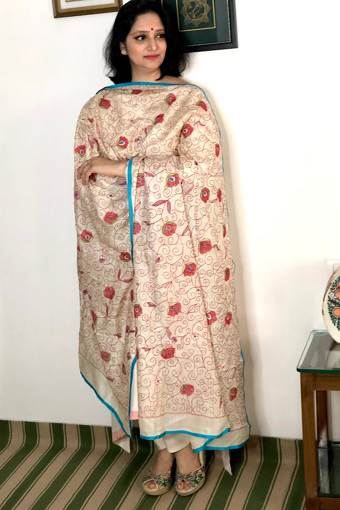 Ivory Kantha and Sujani Embroidered Tussar Silk Floral Dupatta Shawl 