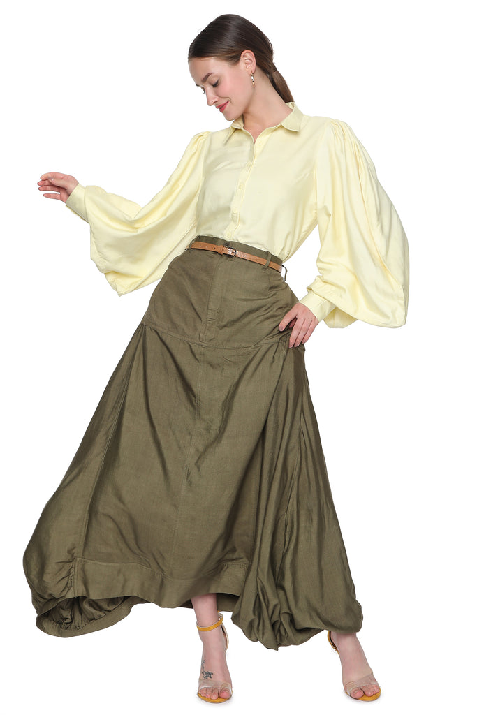 Tussar Lemon Shirt with Olive Skirt Co-ord