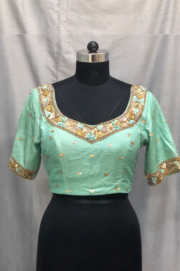  Mint Green Embellished Tussar Silk Blouse