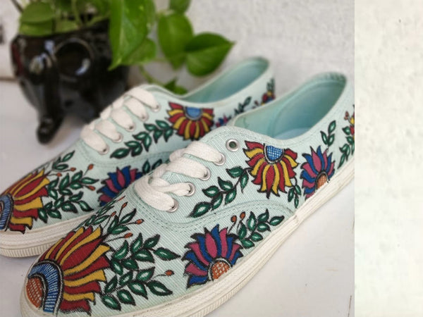 Mint Green Madhubani painted Sneaker with Flowers