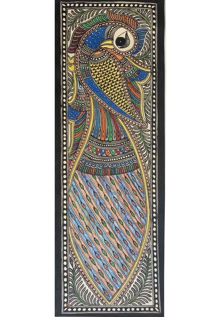 Madhubani Wall Painting with Peacock Fanning Tail Feathers