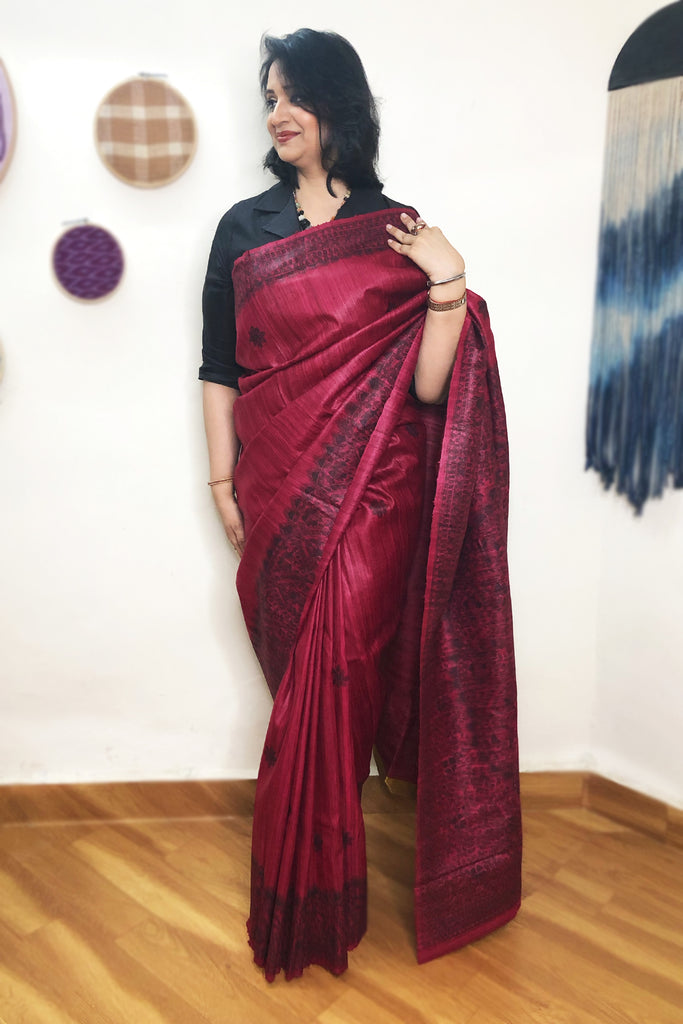 Magenta Madhubani Hand Painted Pure Tussar Ghicha Silk Festive Saree