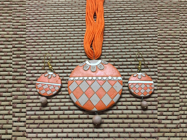 Orange Circular Terracotta Neckpiece with Ear Drops